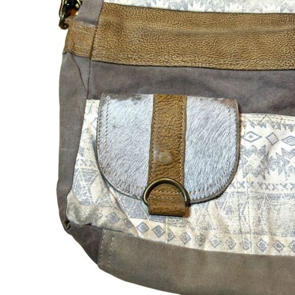 Myra Bag Tribe Strip Upcycled Canvas & Leather Aztec Crossbody Shoulder Purse - Picture 3 of 14